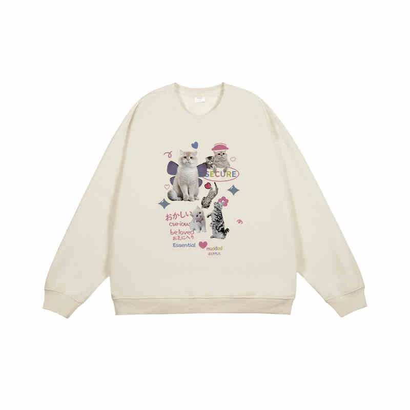 

Cute Kitten Print Round Neck Hoodie Women Autumn Winter 2024 New Fashion Brand Lazy Long Sleeve Top Hoodies Women