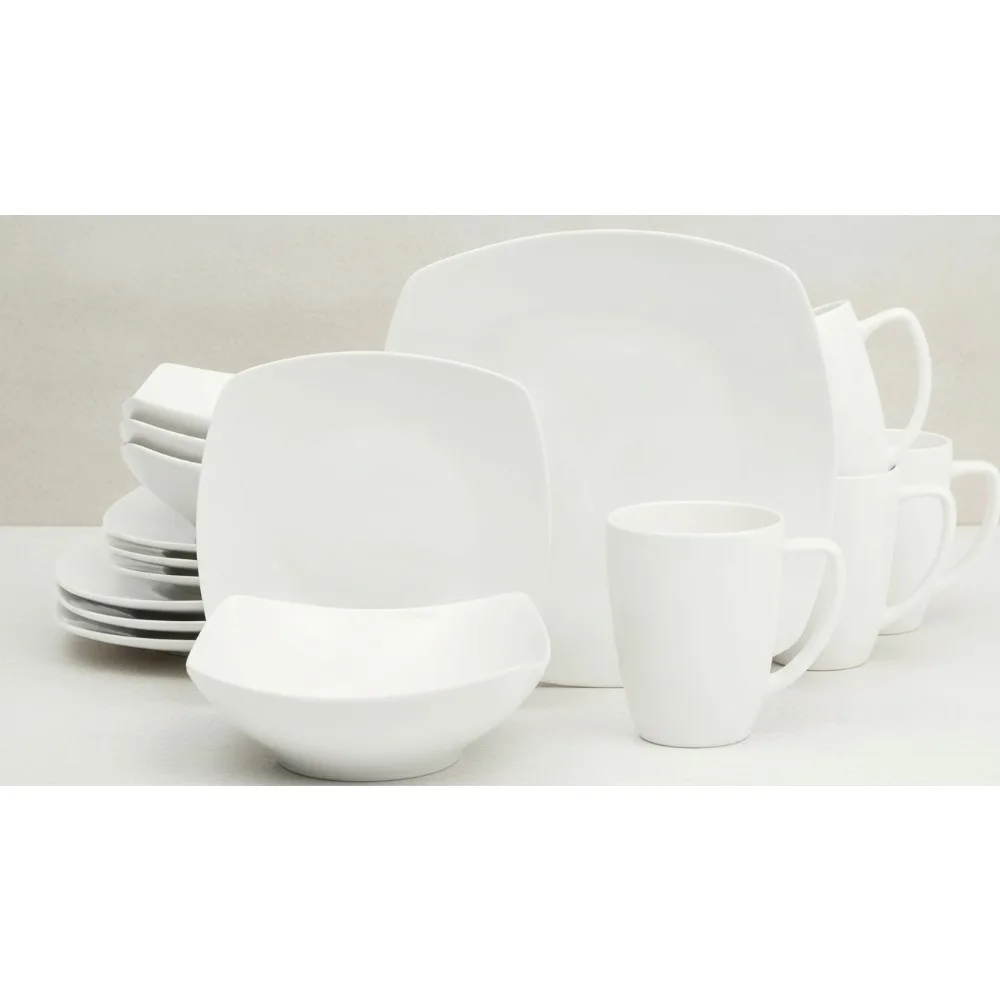 

Набор квадратной фарфоровой посуды, 16 предметов, сервиз для 4 устойчивых к царапинам белых тарелок, мисок, кружек