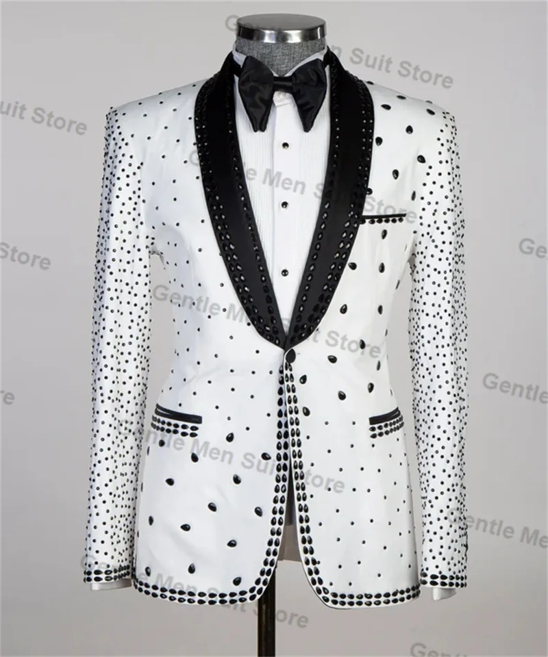 White Luxury Crystals Men Suits 2 Piece Blazer+Black Cotton Pant Wedding Tuxedo Coat Customized Formal Office Jacket Trouser