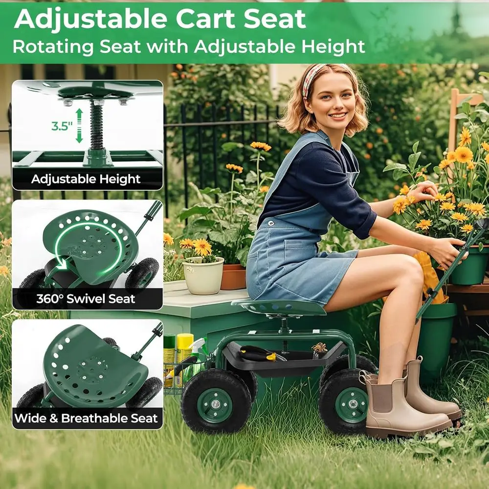 Gerobak Kebun dengan Ketinggian yang Dapat Disesuaikan dan Putaran 360 Derajat °   Kursi Putar, Keranjang Penyimpanan, dan Pegangan yang Dapat Diperpanjang untuk Berkebun yang Serbaguna