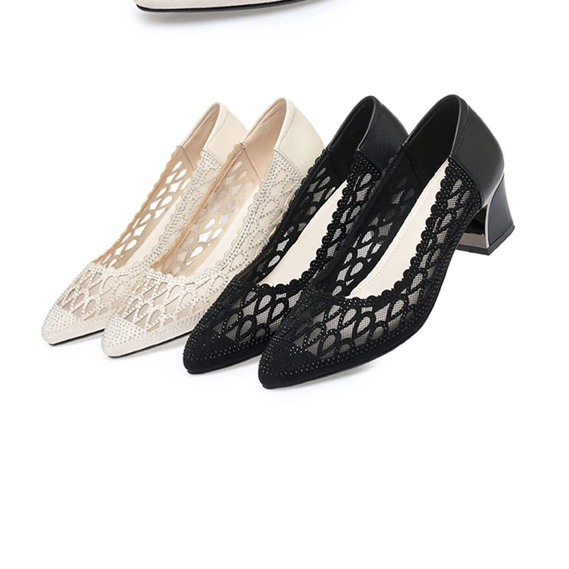 New 2023 Fashion Pointed Toe Women\'s Pumps Elegant Medium Heel Shoes Summer Lady Hollow Mesh Breathable Square Heel Singe Shoes