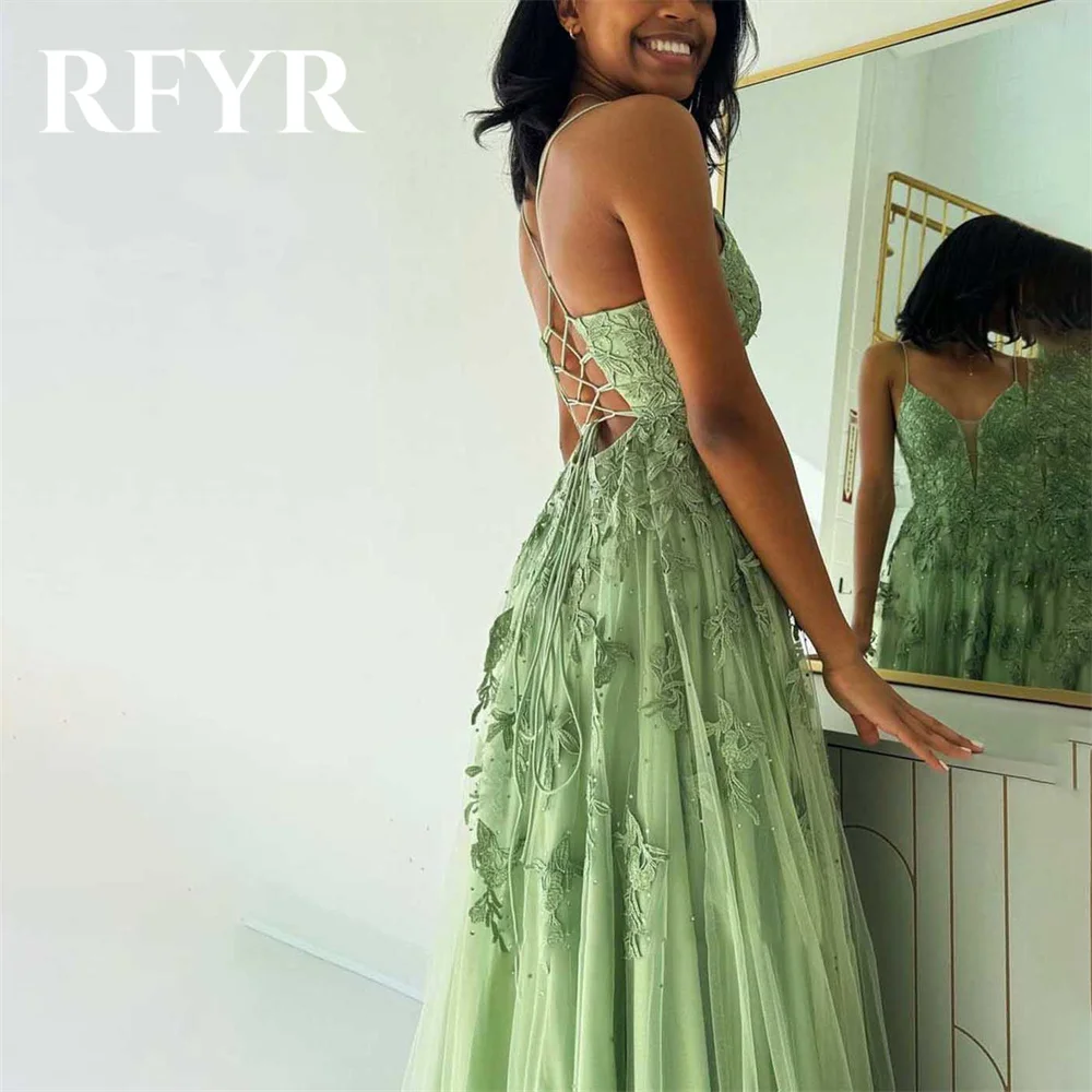 RFYR Green A-line Evening Dresses Spaghetti Strap Vestidos De Noche Appliques Tulle Prom Dress with Pleats V-Neck Party Dress