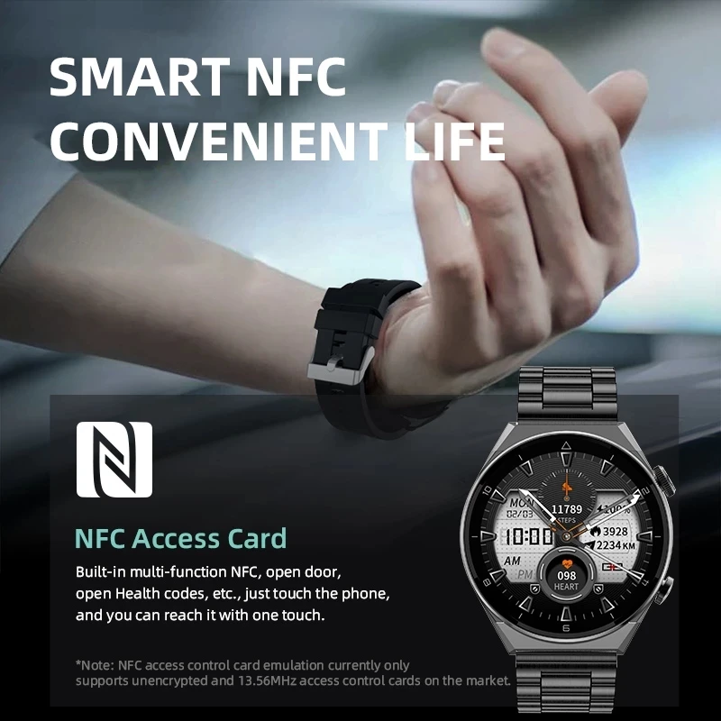 NFC Access Control ฟังก์ชั่น Smartwatch ชาร์จไร้สาย AMOLED สมาร์ทวอท์ชใหม่ HD หน้าจอบลูทูธ Call แบตเตอรี่ขนาดใหญ่