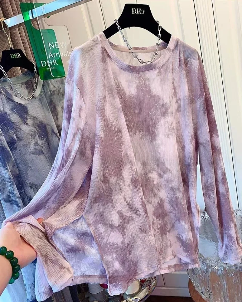 Plus Size 300Pou Dames Long Sve T-shirt Dyed Me Base irt Zomer Losse Zonbescherming Top Trendy ronde Ne Print