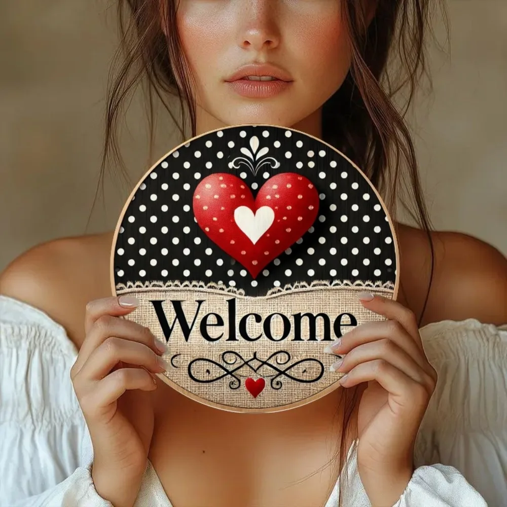 Vintage Welcome Heart Metal Sign, 8x8 Inch Red & Polka Dot Wall Decor with Lace Detail for Home, Cafe & Entryway