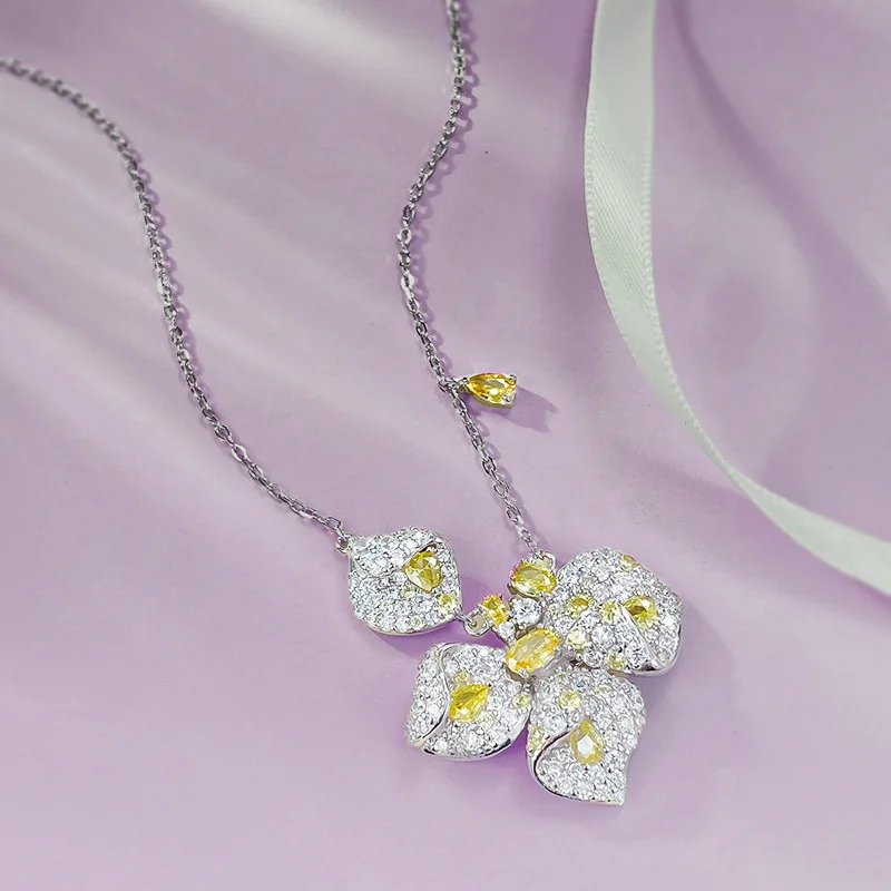 Imagem -02 - Colar Rosa em Prata 925 Diamante Amarelo Corrente Versátil de Colarinho de Flores Pequena e Alta Qualidade Novas Moda Primavera e Verão 3x5 2024