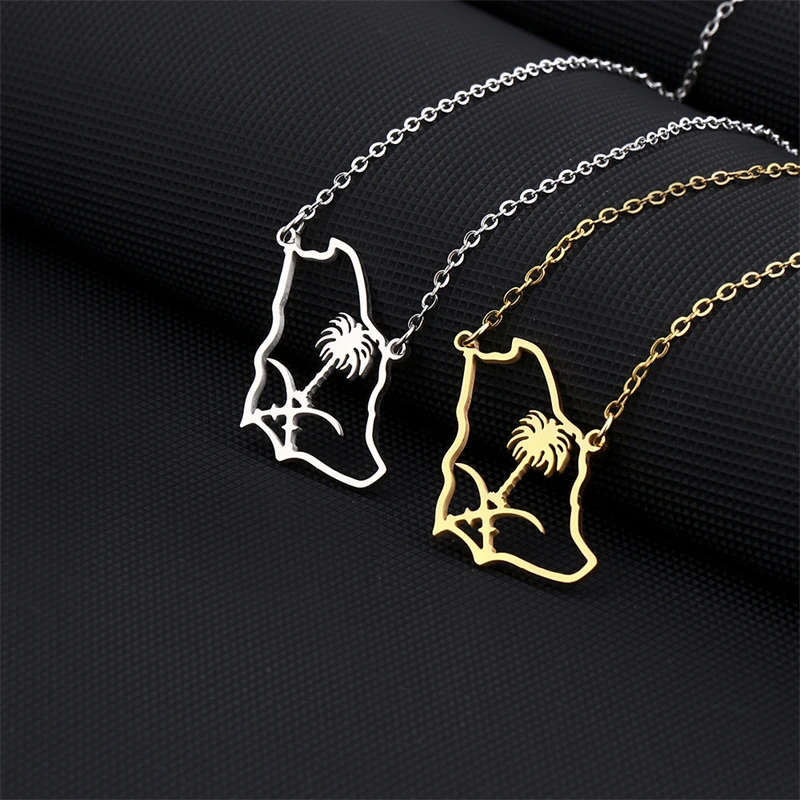 New Saudi Arabia Hollow Map Charm Pendant Necklaces Stainless Steel Gold Color Emblem of Saudi Arabia Symbol Jewelry Women Girls