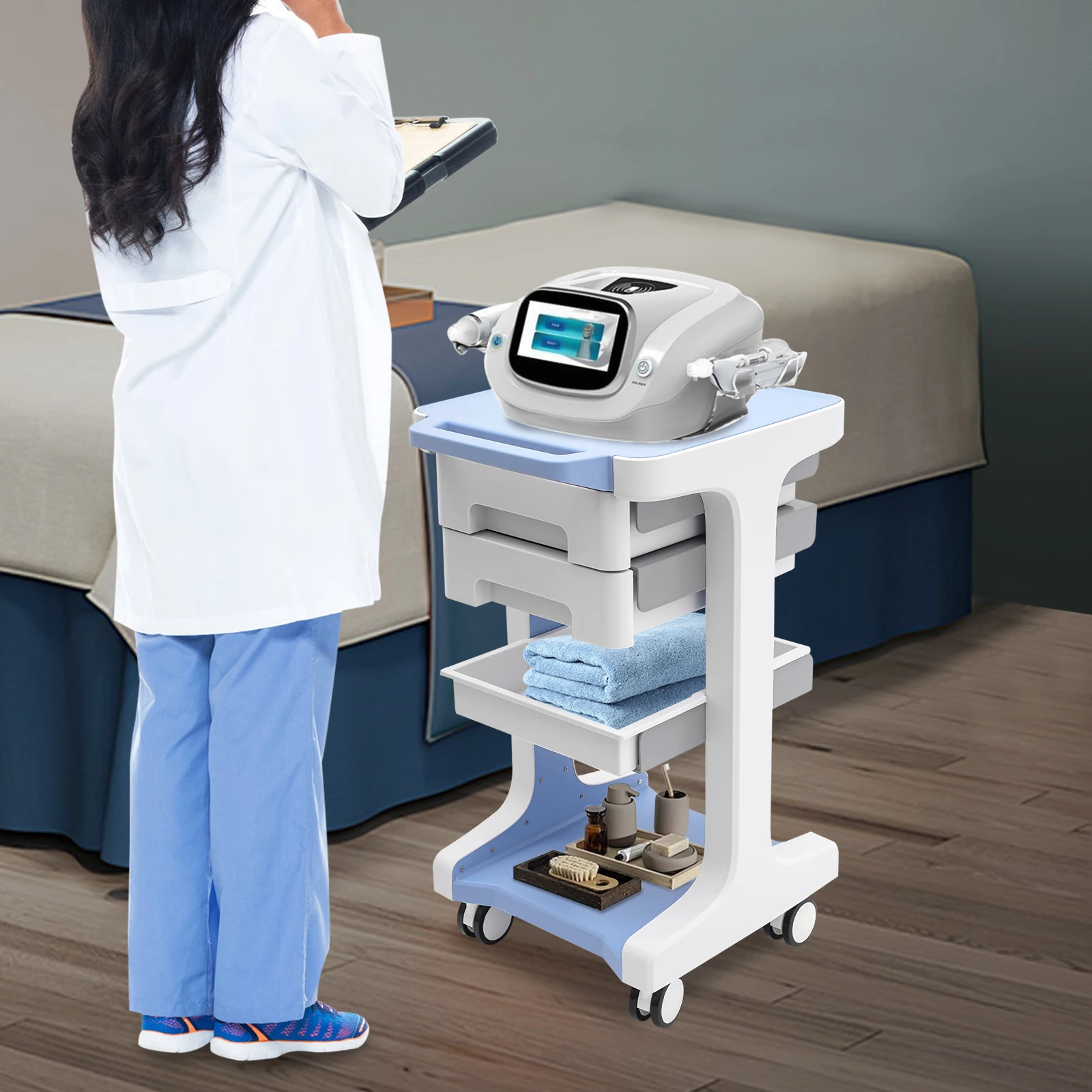 عربة أدوات مكونة من 3 طبقات على عجلات عربة تخزين متنقلة أزرق أبيض حديث ABS 2 أدراج أرضية قائمة #3