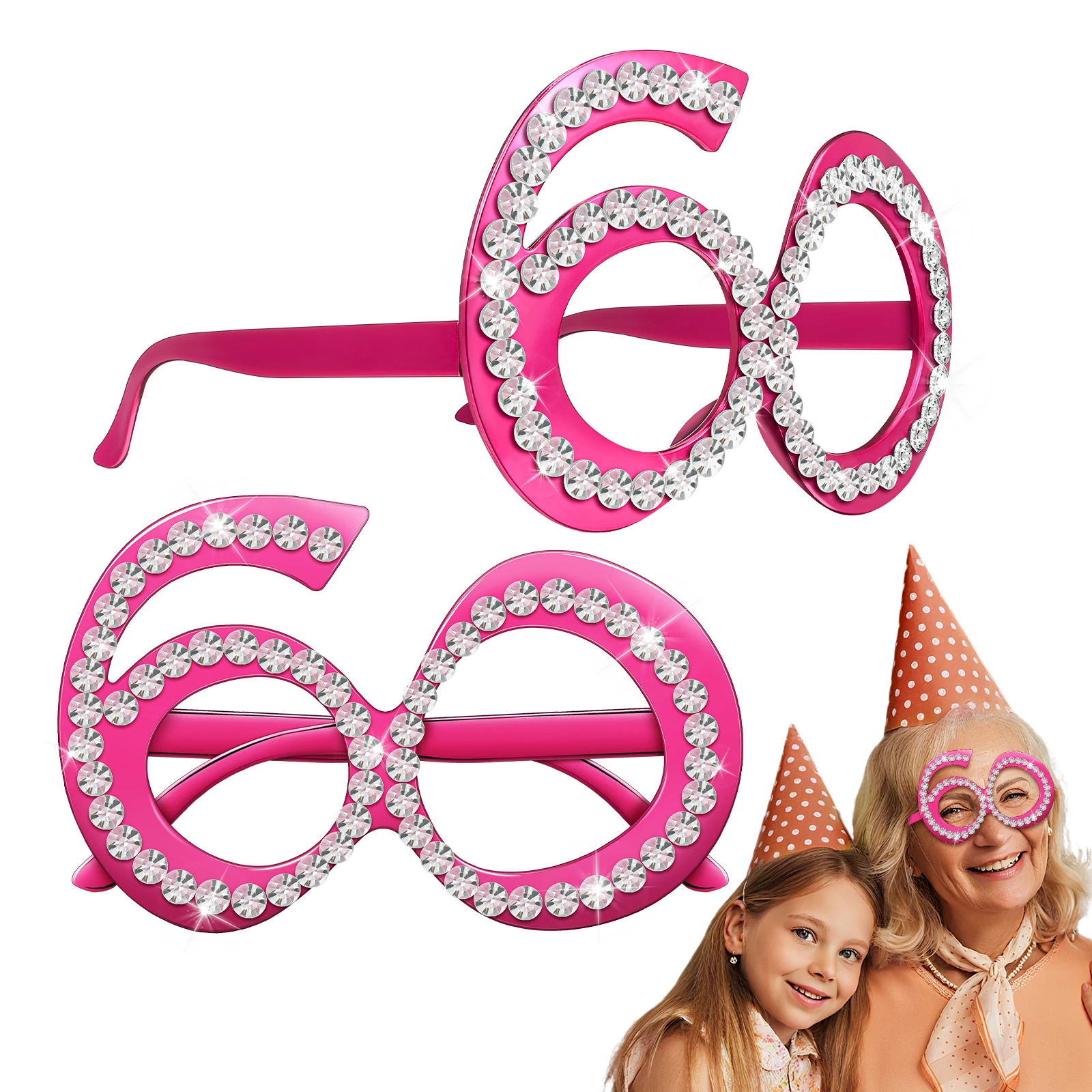 

2Pcs Birthday Party Eyeglasses Rhinestone Glitter Celebration Photo Booth Supplies 60th Birthday Glasses