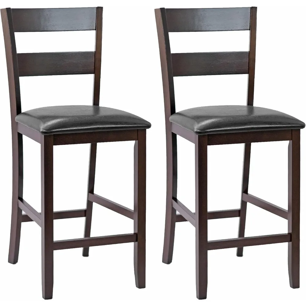 Pair of 25 Counter Height Bar Stools with Cushioned Seats, Faux Leather Upholstery, and Rubberwood Frame