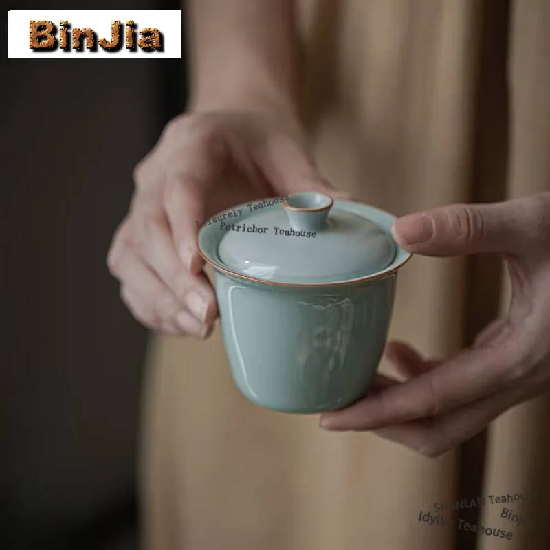 

100ml Imitation Azure Ru Kiln Porcelain Gaiwan Elegant Song Dynasty Literati Tea Tureen Tea Maker Cover Bowl Tea Items Ornaments