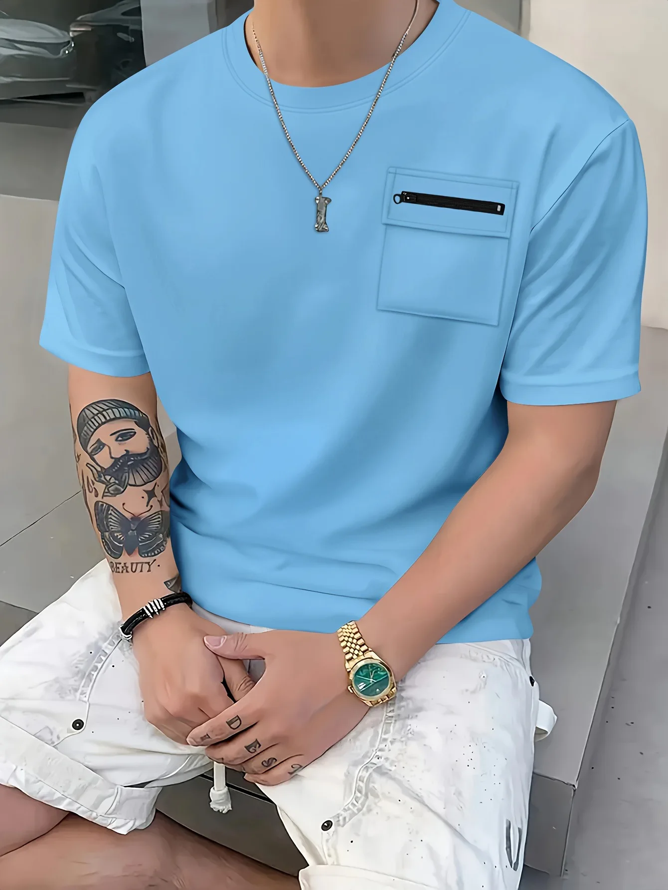 

Fashionable Men's T-Shirt, Solid Color Round Neck Pullover Pocket, Casual And Trendy Summer Short-Sleeved Tops