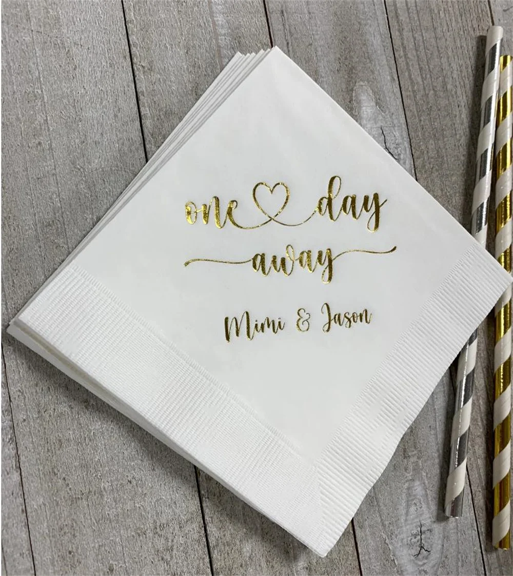 

50pcs Personalized Rehearsal Napkins Custom Printed One Day Away Beverage Cocktail Luncheon Dinner Guest Towel Napkins Imprinted