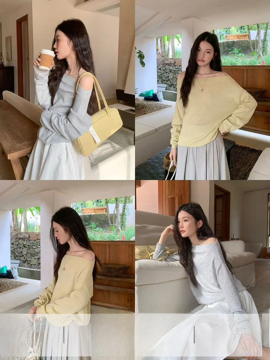 

Linyunyun Soft Yellow One-Shoulder Knitted Sweater Grey Casual Style Women's Fashion Design Long Sleeve Comfortable Breathable