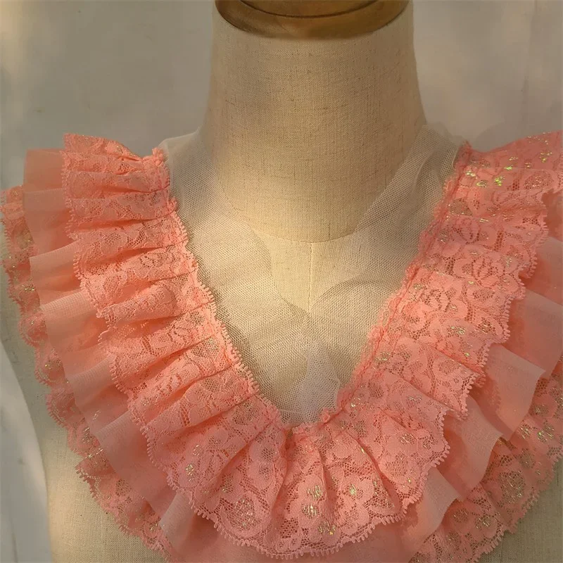 1M Three Layers Pleated Chiffon Fabric Guipure Lace Embroidery Fringe Ruffle Trim Dolls Clothes Dress Collar Sewing Accessories