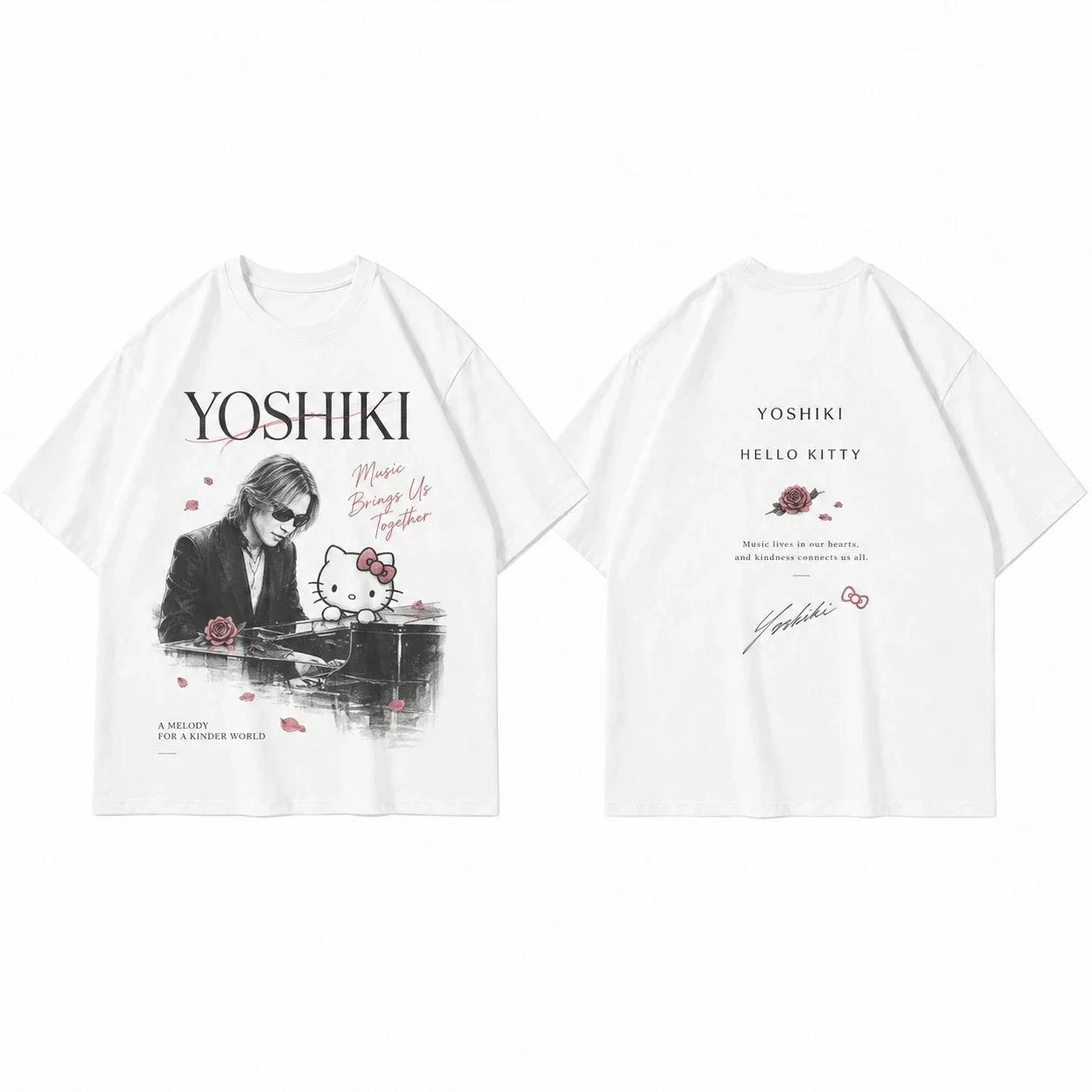 Sanrio Hello Kitty Music Parent Child Rose Tee Men's Women's White Cool Graphic Art Print Oversized Short Sleeve Streetwear Top