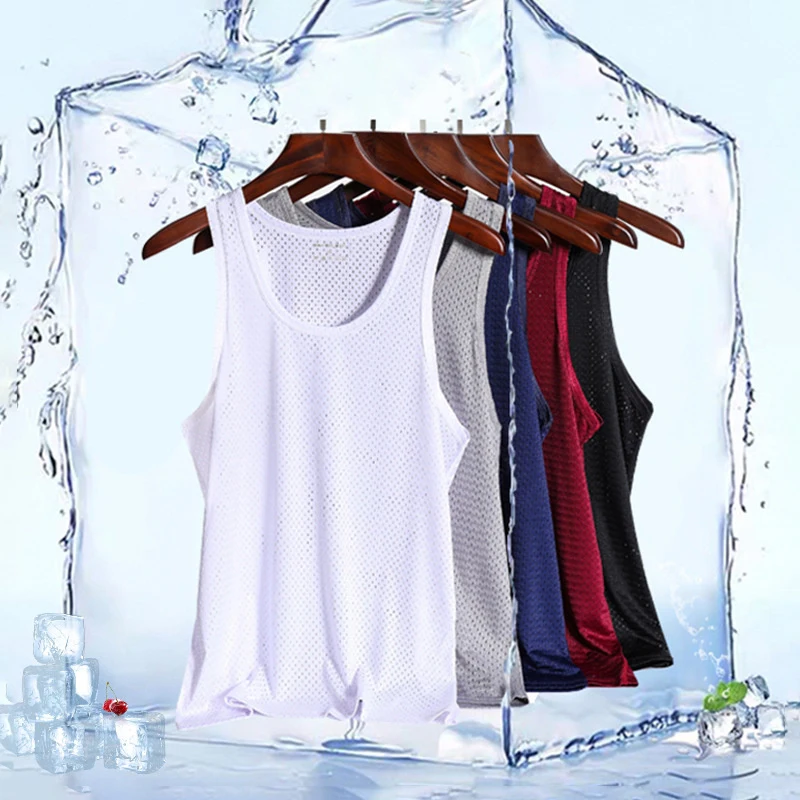 

Men's Ice Silk Mesh Tank Tops Gym Stringer Transparent Bodybuilding Sleeveless Shirt Fitness Vest Male Mesh Muscle Singlets