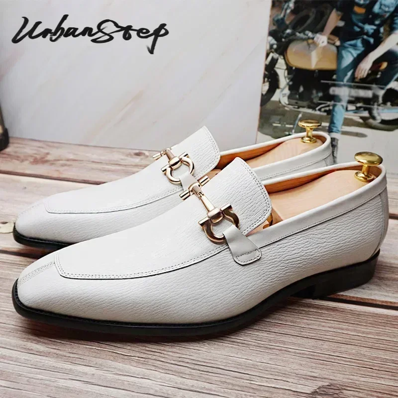 Luxury Men Leather Shoes Black White Horsebit Loafers Slip on Formal Men Dress Shoes Wedding Office Casual Shoes For Men