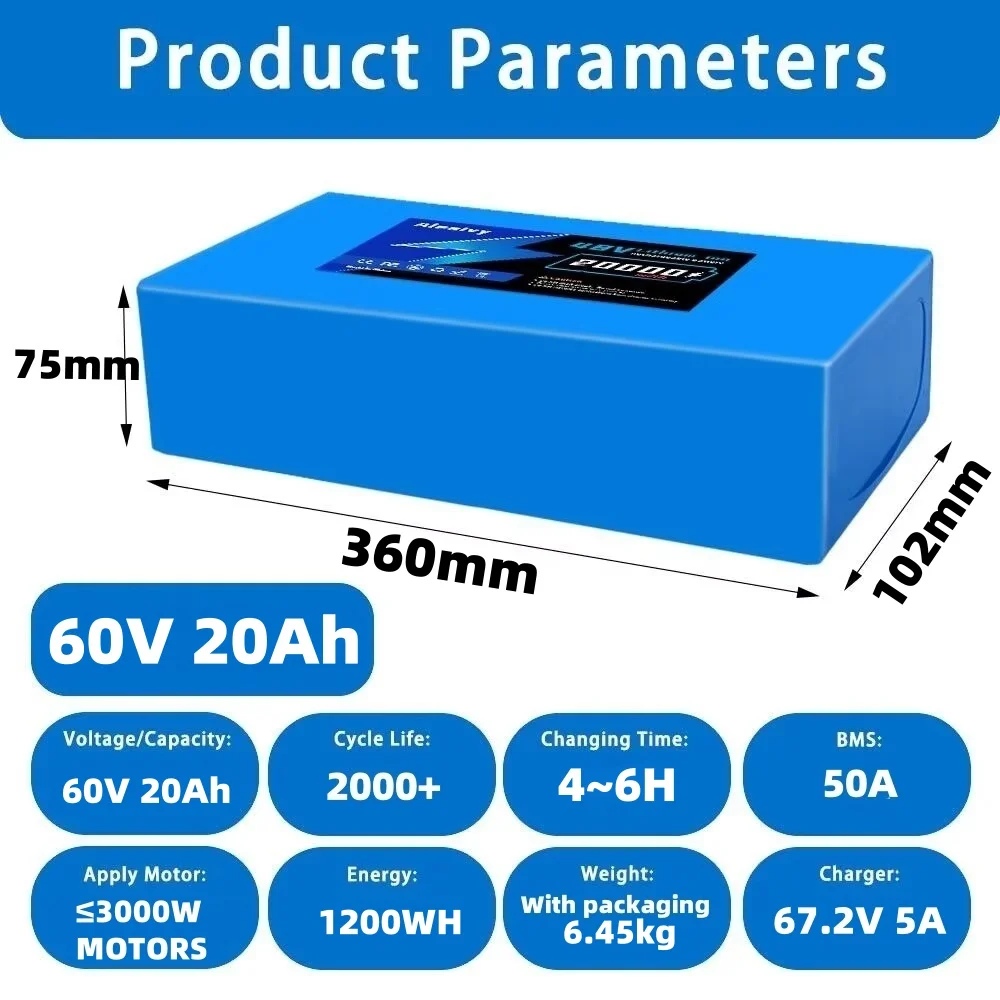 Aleaivy 60V 20Ah 30Ah 21700 Lithium Battery Pack Electric Bike Lithium Battery Pack for 500W~2000W High Power Bicycle Scooter Motorcycle with 67.2V 5A Charger