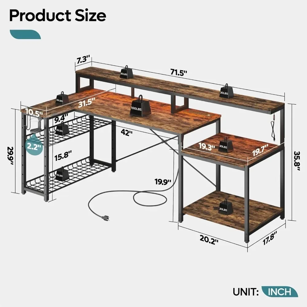 LED Computer Desk with Long Monitor Stand, Large L Shaped Corner Desk with Storage Shelf, Cup Holder Headset Hooks