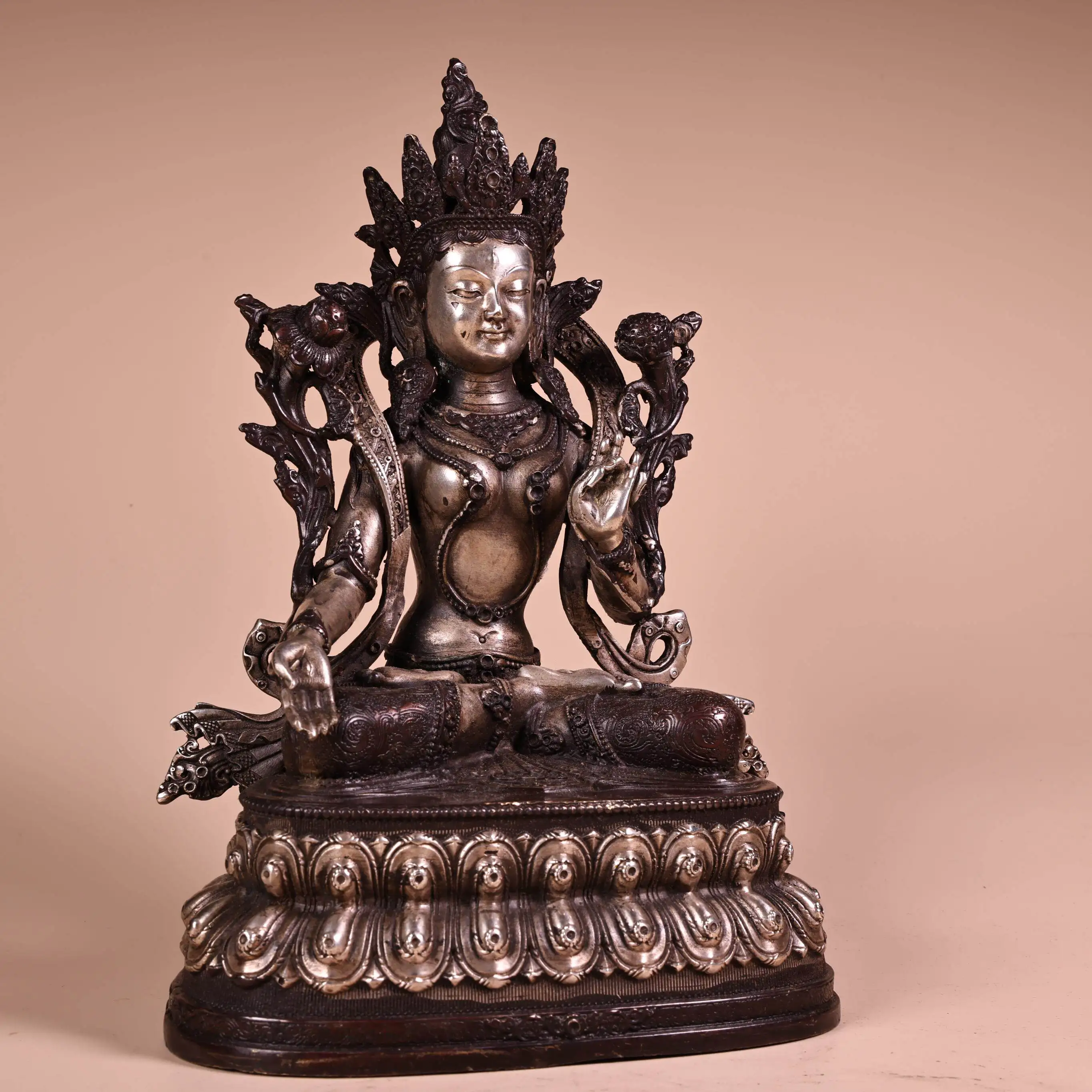 Nepal Pure Copper White Tara Statue High Relief Silver Plated Tibetan Buddhist Home Decor
