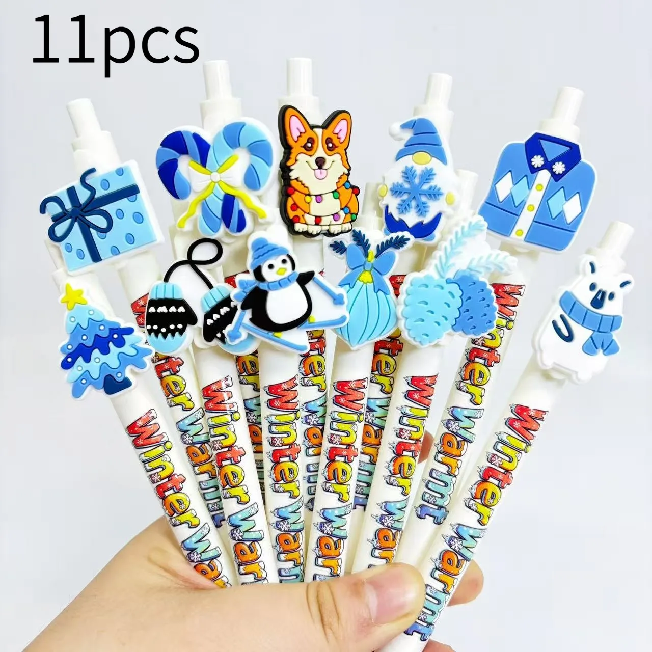 

11pcs Winter Warm Theme ballpoint pen, white pen holder, ink quick drying pen, student writing pen