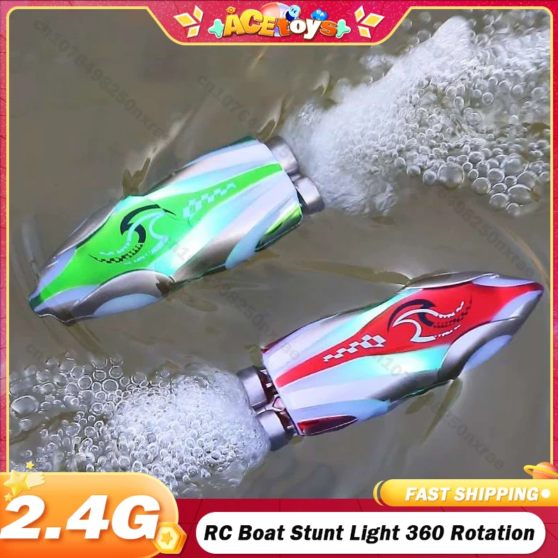 

RC Boat Stunt Light 2.4G 360 Rotation Mini Remote Controlled Speedboat Ship with LED Light Palm Boat Water Pool Toy Models Gifts