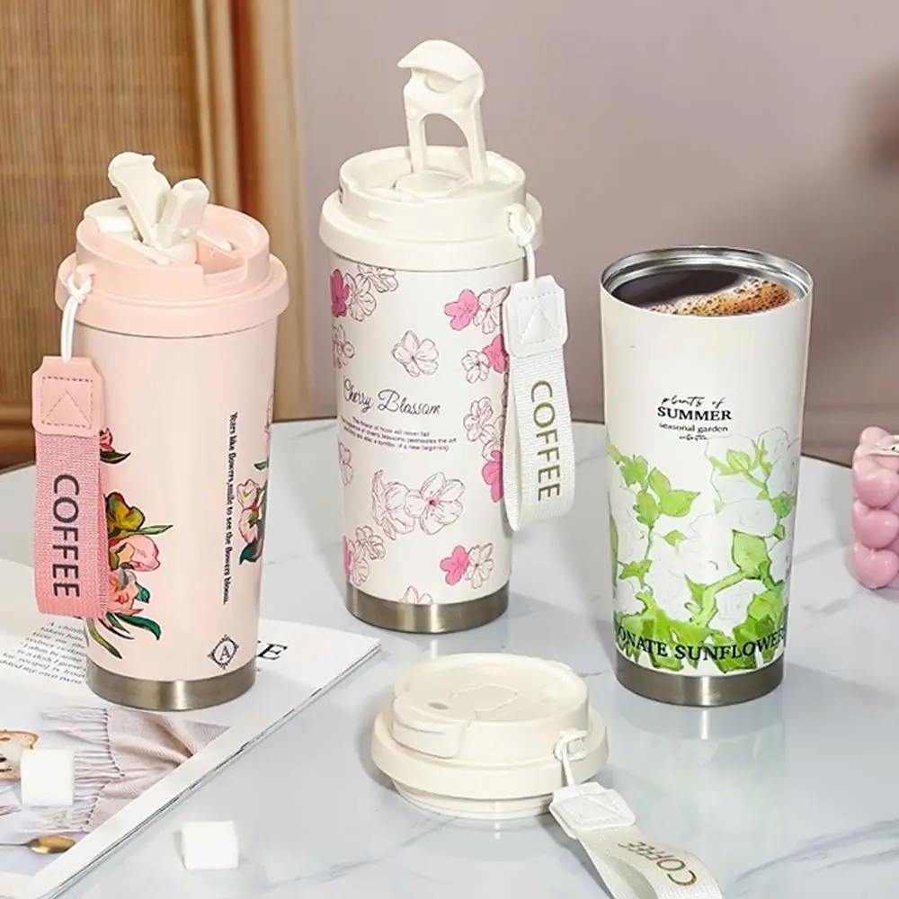 500 ml Vintage-Kaffeetasse, Sonnenblumen-Damentasse, tragbarer Reisebecher, auslaufsicher, doppelwandig, isolierter Becher, Vakuumtrommel