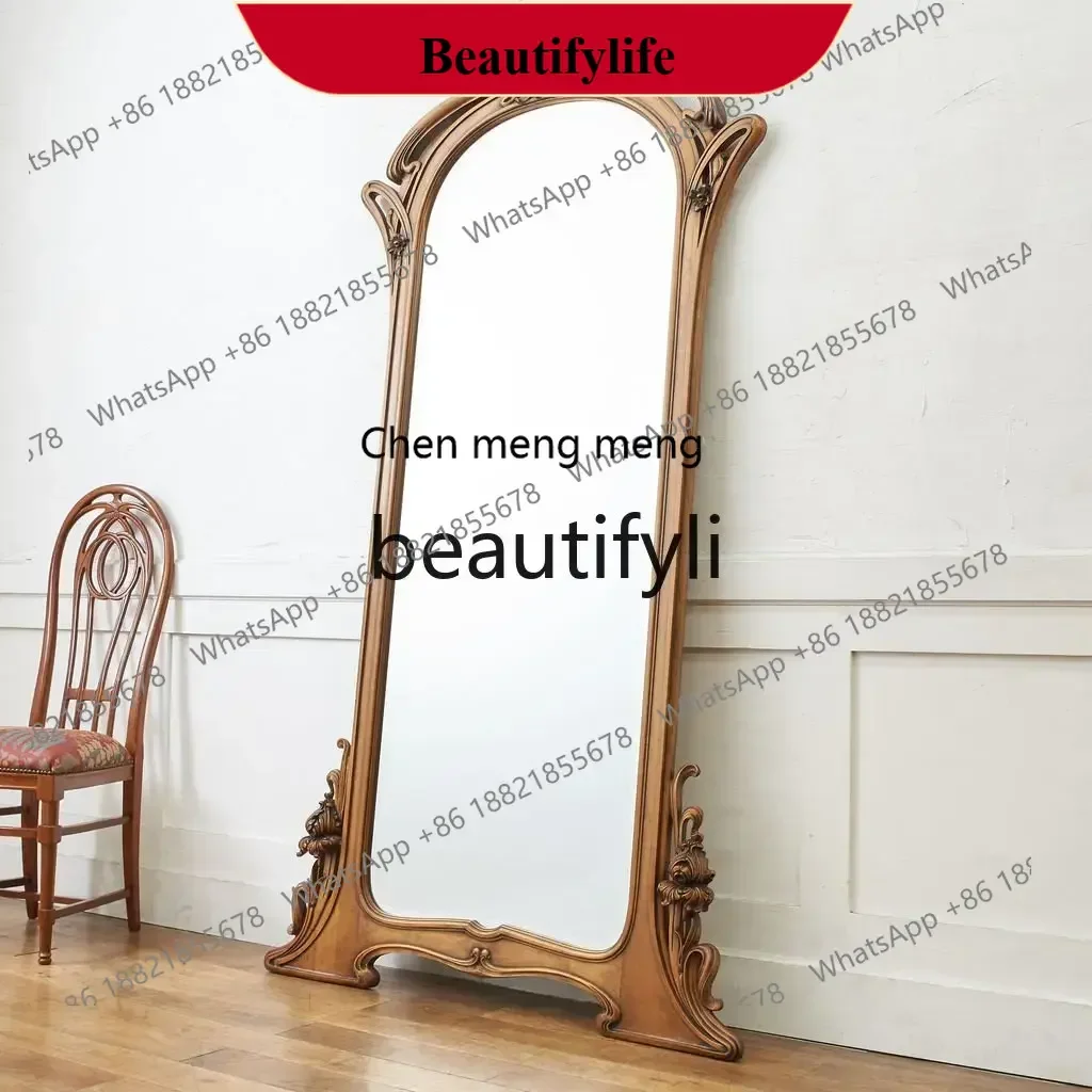 

D178 European retro full-body mirror medieval wood carved floor mirror home living room fitting mirror