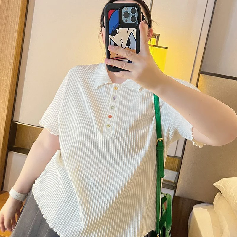 Dopamine Style Plus Size Women Ice Silk Textured Polo T Shirt Summer Short Sleeve Loose Hide Belly Ruffle Cuff Casual Blouse