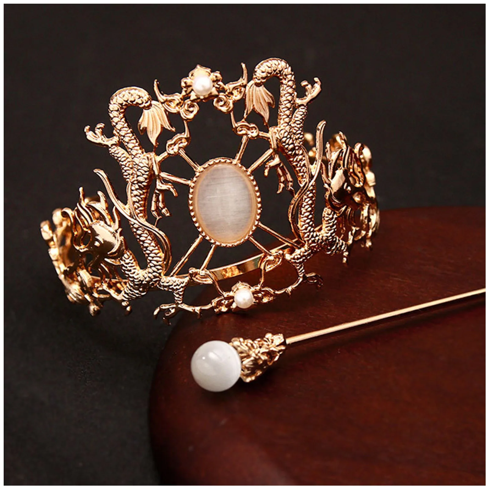 Retro Chinese Hair Crown Golden Alloy Tiaras and Crowns Pearl Headbands with Hair Sticks Vintage Hair Jewelry for Men Women