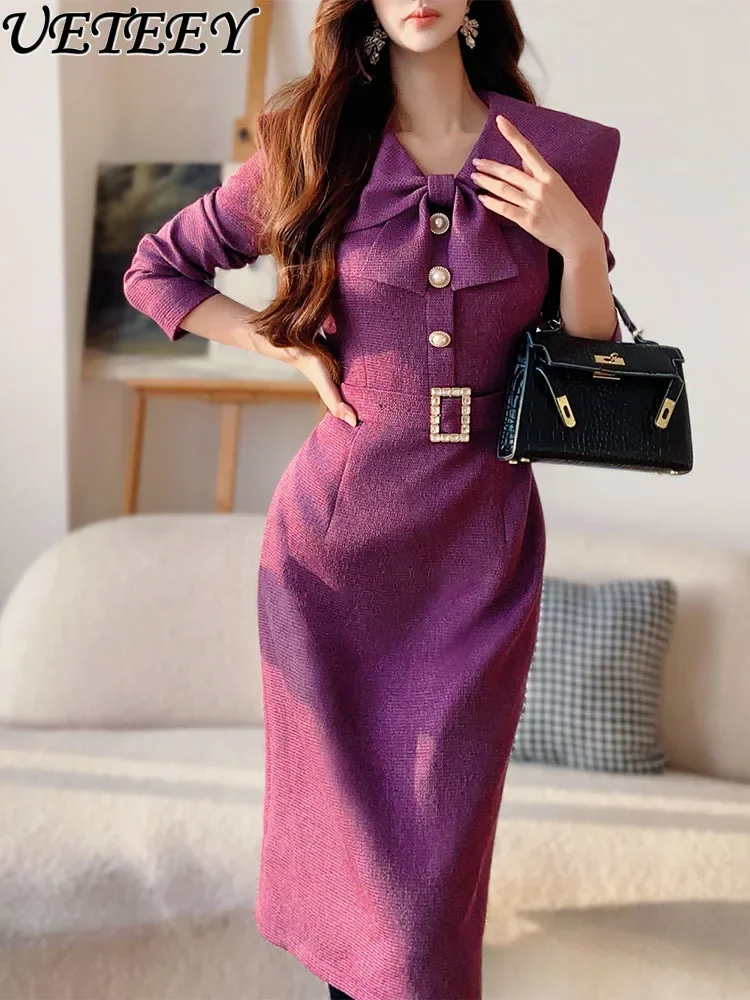 French Elegant Bow Collar Slim Waist Dress Women's Spring and Autumn Temperament New Long-sleeved Purple Mid-length Dresses