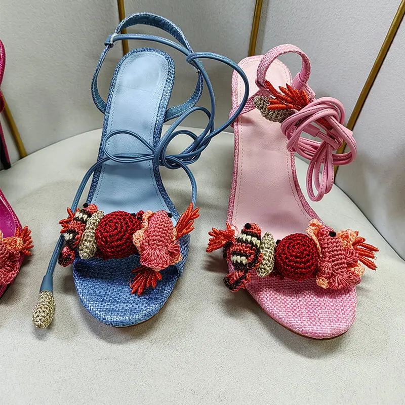Onlymaker Women Open Round Toe Woven Embellished Ankle Strap Sandals Thin Heel Big Size Sandals