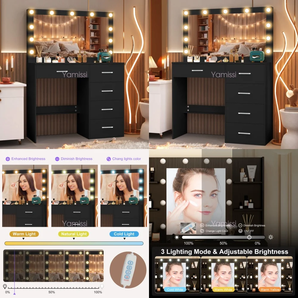 Туалетный столик для макияжа Светодиодный туалетный столик с зеркалом с подсветкой и 5 ящиками для хранения Туалетный столик для макияжа
