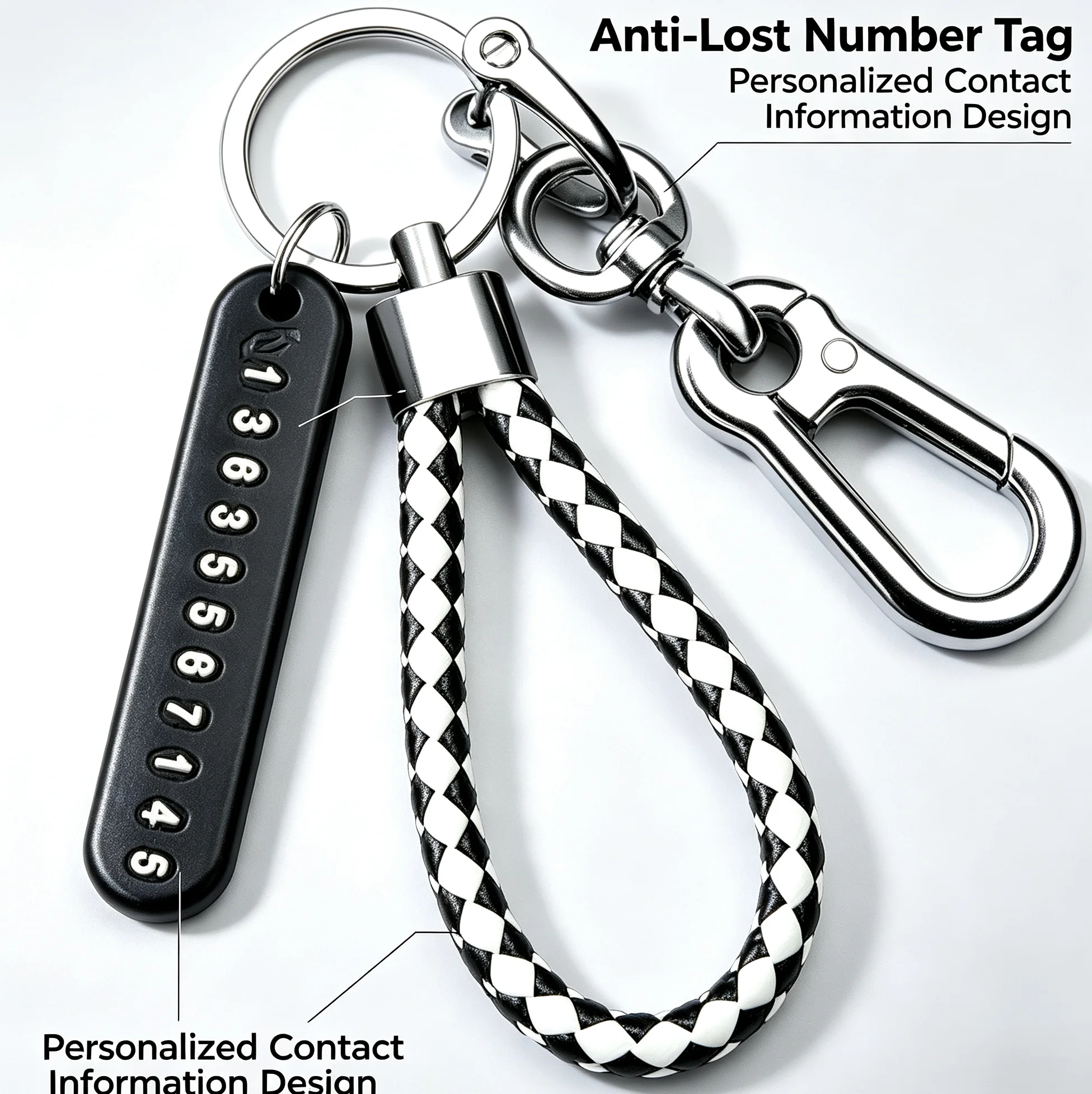 Anti-Lost Number Keychain Braided Rope Metal Hook Key Ring Phone Number Tag for Keys Bags Backpacks Car Decor Gift