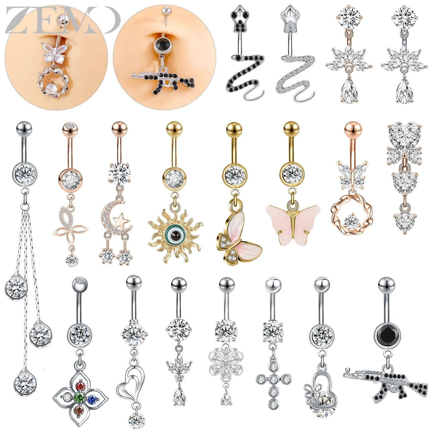 ZEMO 1 PC 14G จี้สแตนเลสสตีลแหวนผู้หญิง Cubic Zircon Belly แหวน Moon Star Cat Belly ปุ่มเจาะเครื่องประดับ 10 มม.