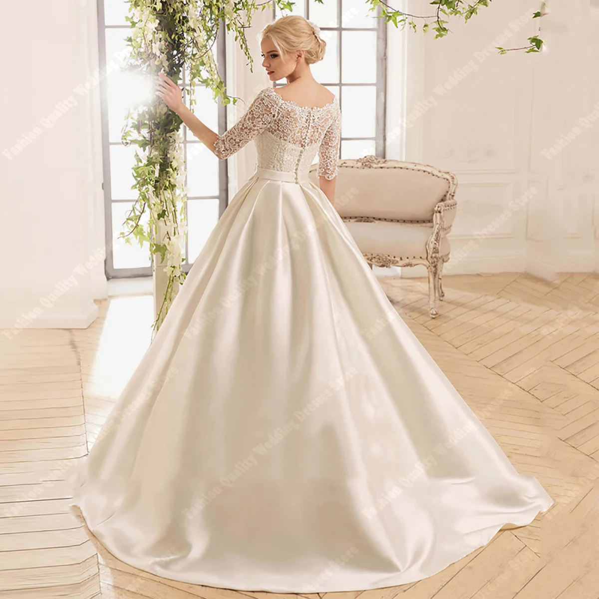 High Quality Round Neck Bride Dresses Classic Bright Satin Wedding Gowns New Graceful A-Line Wedding Vestido De Novia Customized