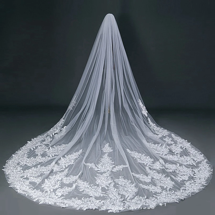 

New Arrival Ivory Cathedral Wedding veils Lace Appliques Bride Wedding accessories Velos de novia Bridal veil Voile mariage