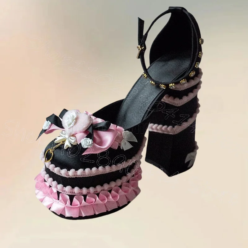 Rose Red Falbala Bow Knot Design Platform Sandals Buckle Strap Women Shoes Chunky High Heel Party Feast 2025 Zapatos Para Mujere