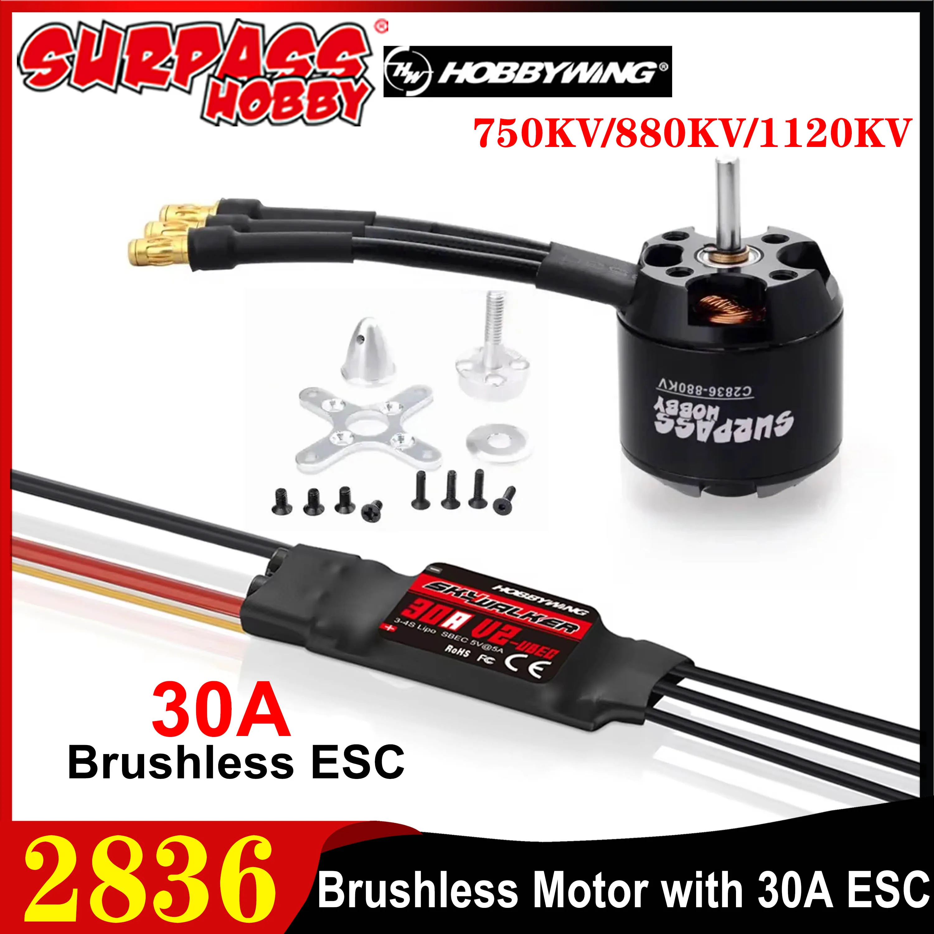 

Surpass Hobby C2836 750KV 880KV 1120KV Brushless Motor with Skywalker V2 30A ESC for RC Fixed-wing FPV Drone Quadcopter DIY Part