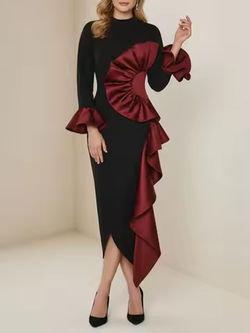 Women's Black Red Color Block Turtleneck Long Sleeve Ruffle Decor Slim Slit Midi Dress 2026 Spring Luxury High-End Evening Dress