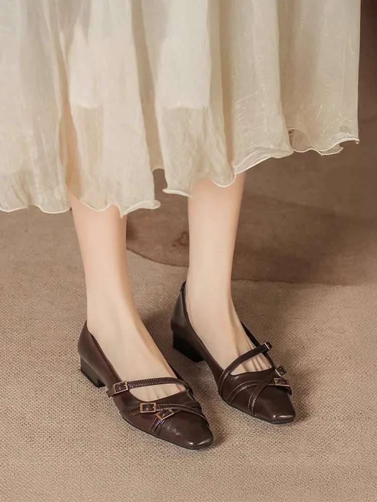 Gorasion 2025 Women's Double Buckle Strap Pumps Low Heel Square Toe and Heel Mary Janes Shoes Handmade Women Dress Shoes