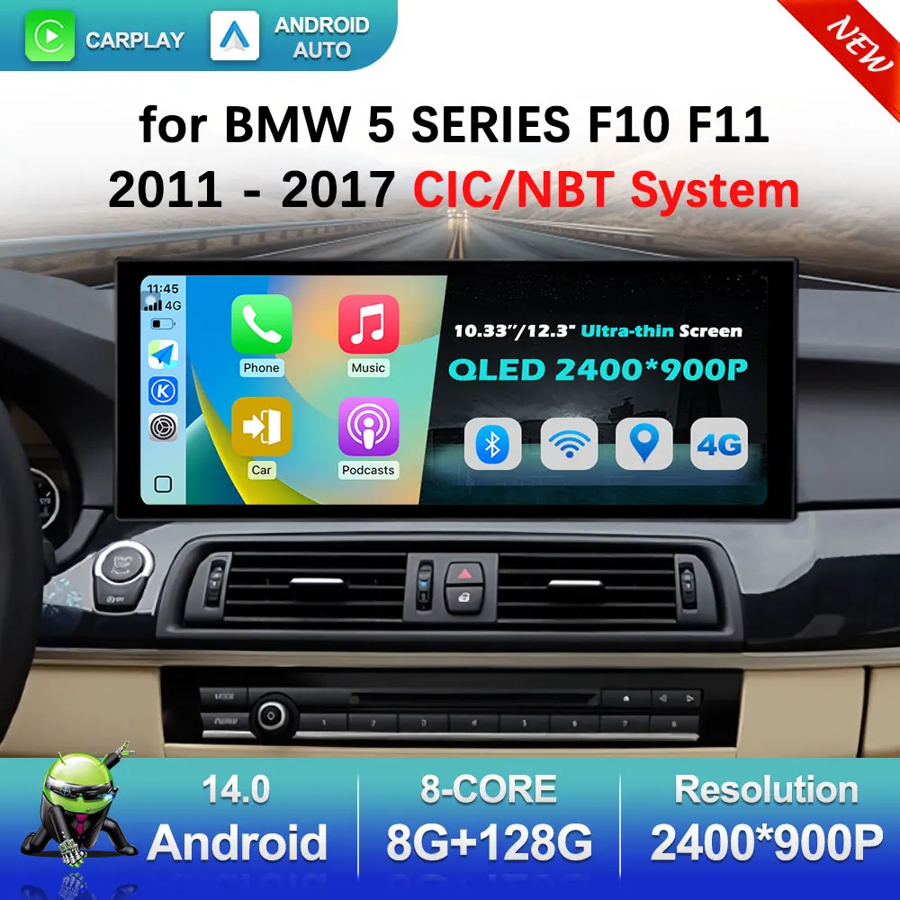 

Wireless Carplay Car Radio Multimedia Player Android 14 for BMW 5 SERIES F10 F11 2011 - 2017 CIC NBT System GPS Navi WiFi Stereo