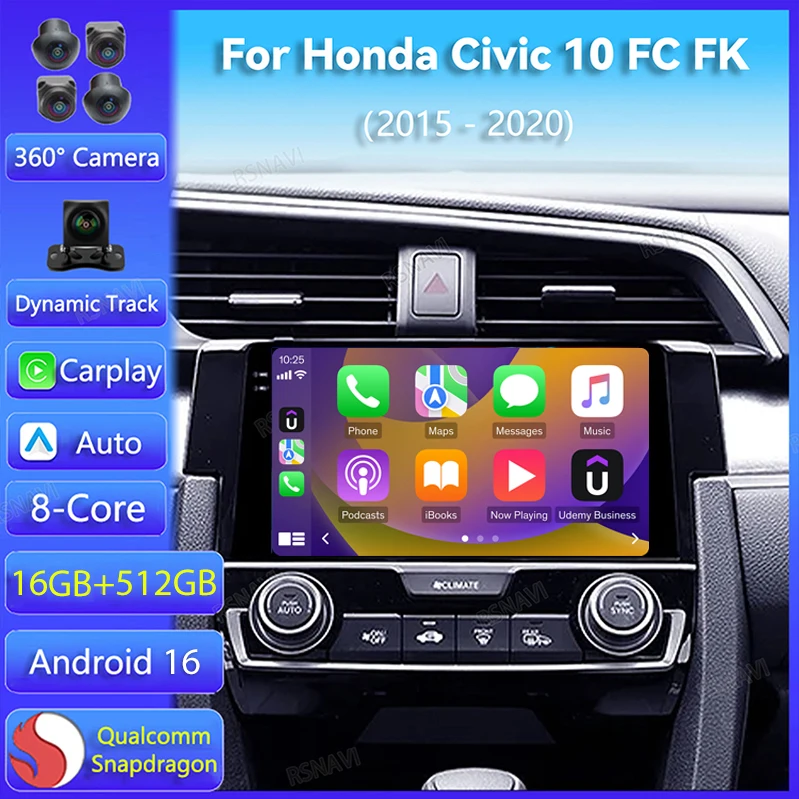 Android 16 Car Radio For Honda Civic 10 FC FK 2015 - 2020 Carplay Auto GPS Navigation 2Din Video Player Stereo DVD 360 Camera BT