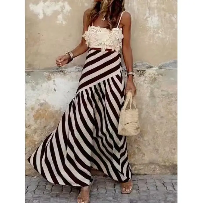 Faionable Gestreifter A-Linien-Rock für Damen, Herbst, neuer Stil, lässiger asymmetrischer Rock aus Polyesterfaser mit hoher Taille