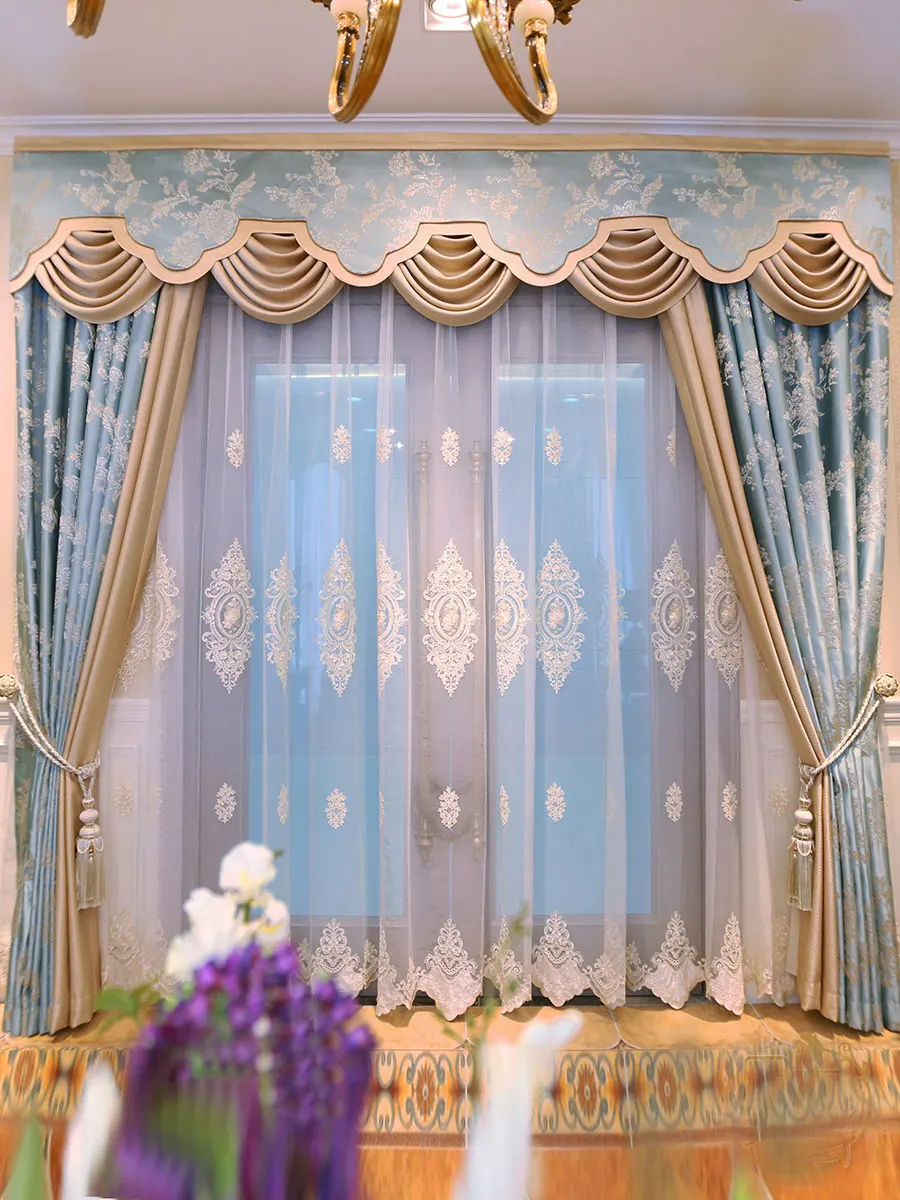 Customized European curtains living room luxury nobility simple finished new Chinese high-grade luxury water wave curtain head