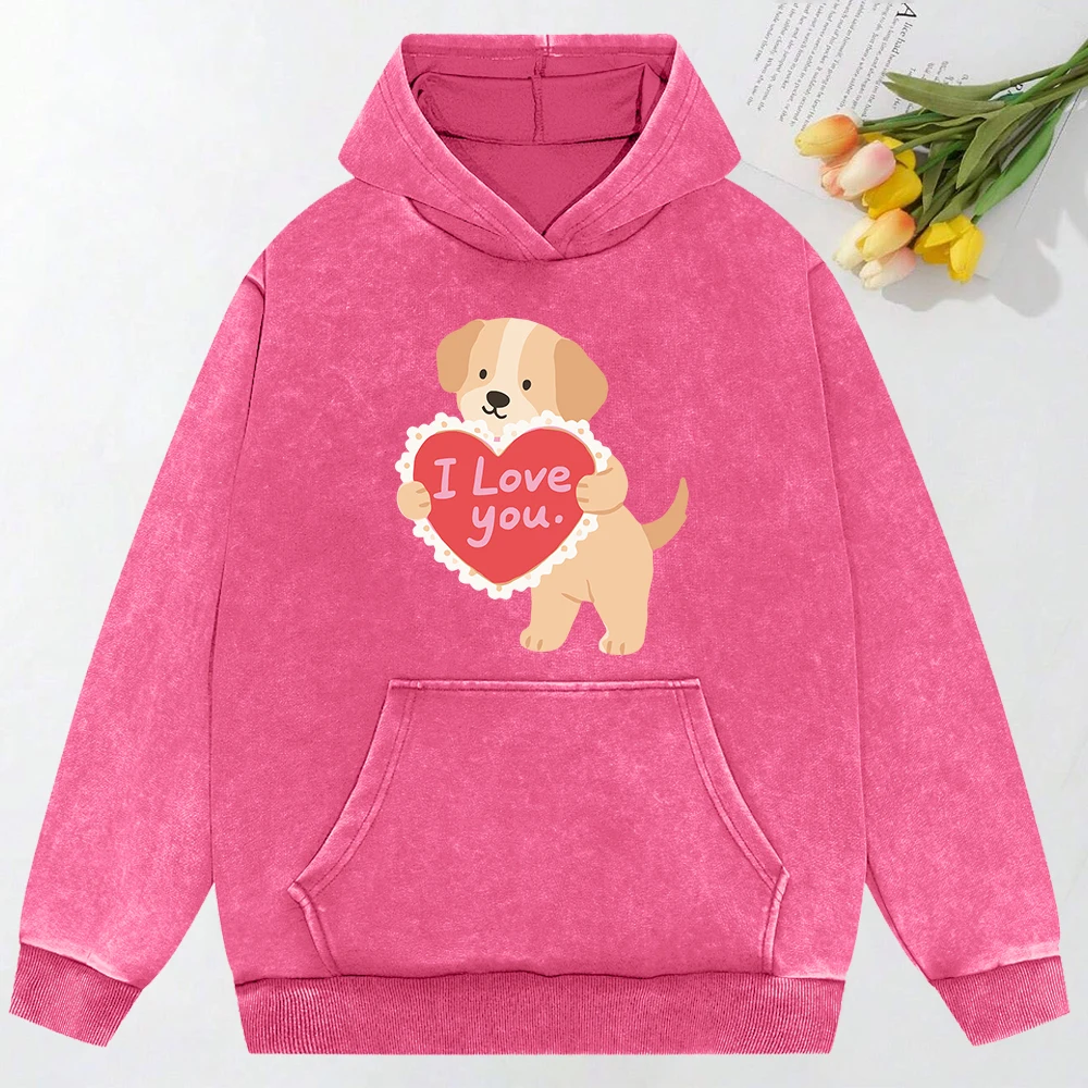 I Love You Cute Dog Printed Washed Hoodie Women All-Match Loose Hoody Fashion Casual Streetwear Comfortable Oversize Sweatshirt