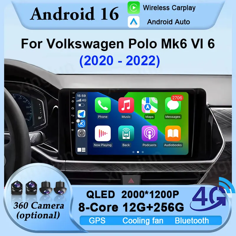 

Автомобильный радиоприемник, мультимедийный видео BT-плеер для Volkswagen Polo Mk6 VI 6 2020-2022, беспроводной CarplayAndroid 16, навигация, WIFI, GPS 2din