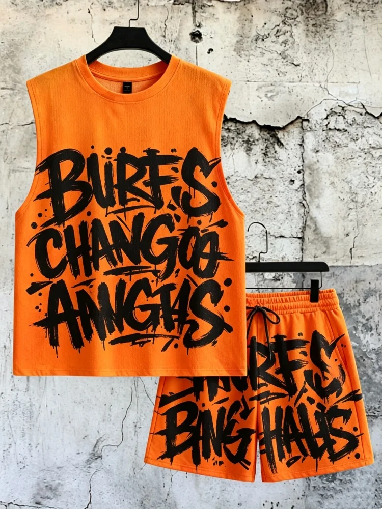 

Men's Graffiti Letter Print Sleeveless Tank Top & Shorts 2-Piece Set, Summer Streetwear Outfit