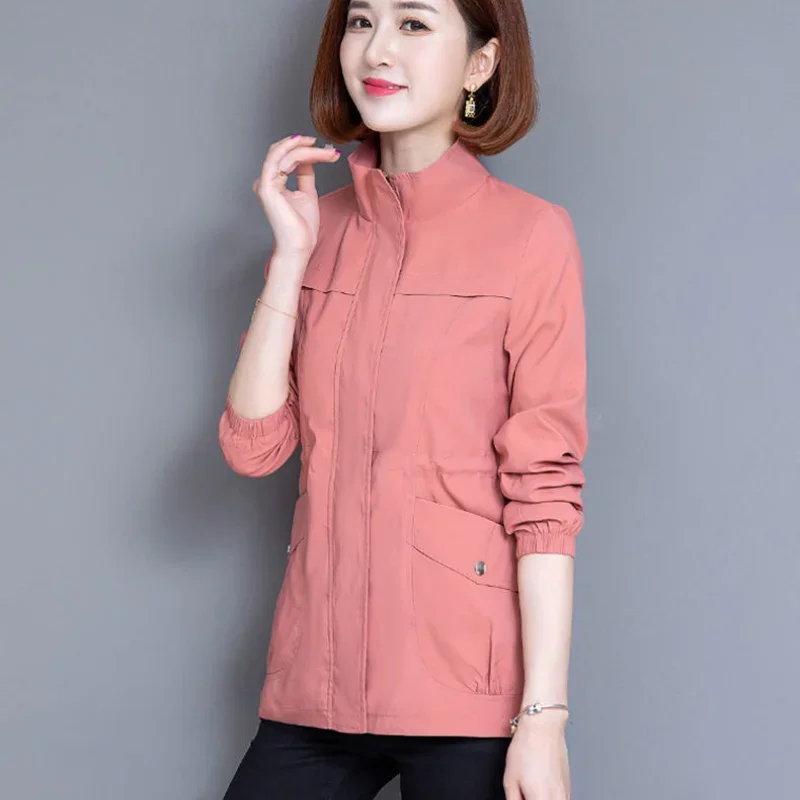 Mom Outfit Spring and Autumn New Stand Collar Jacket Solid Color Zipper Pockets Leisure Appears Thin Versatile Long-sleeved Coat